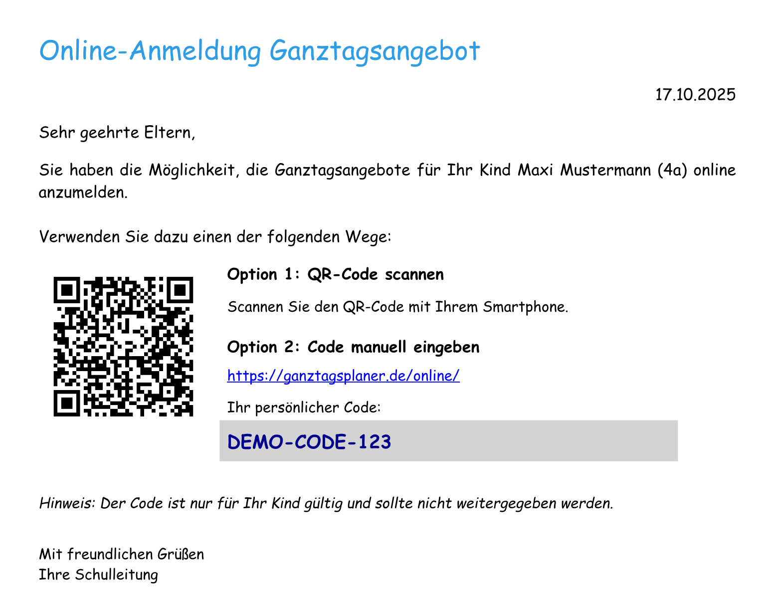 Online-Anmeldung Elternanschreiben - QR-Code für digitale Ganztagsanmeldung